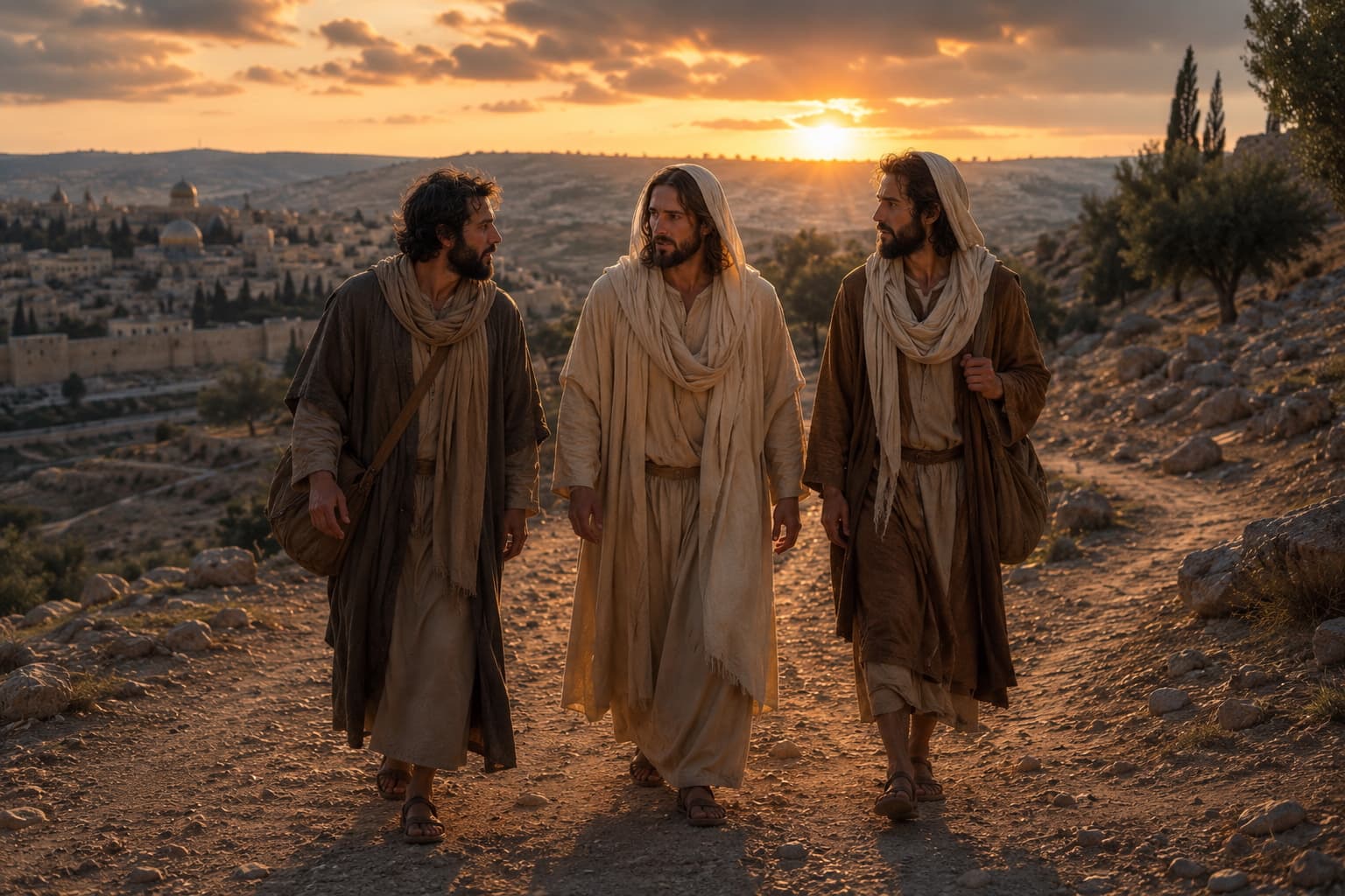 Jesus walking with two disciples on the road to Emmaus at sunset